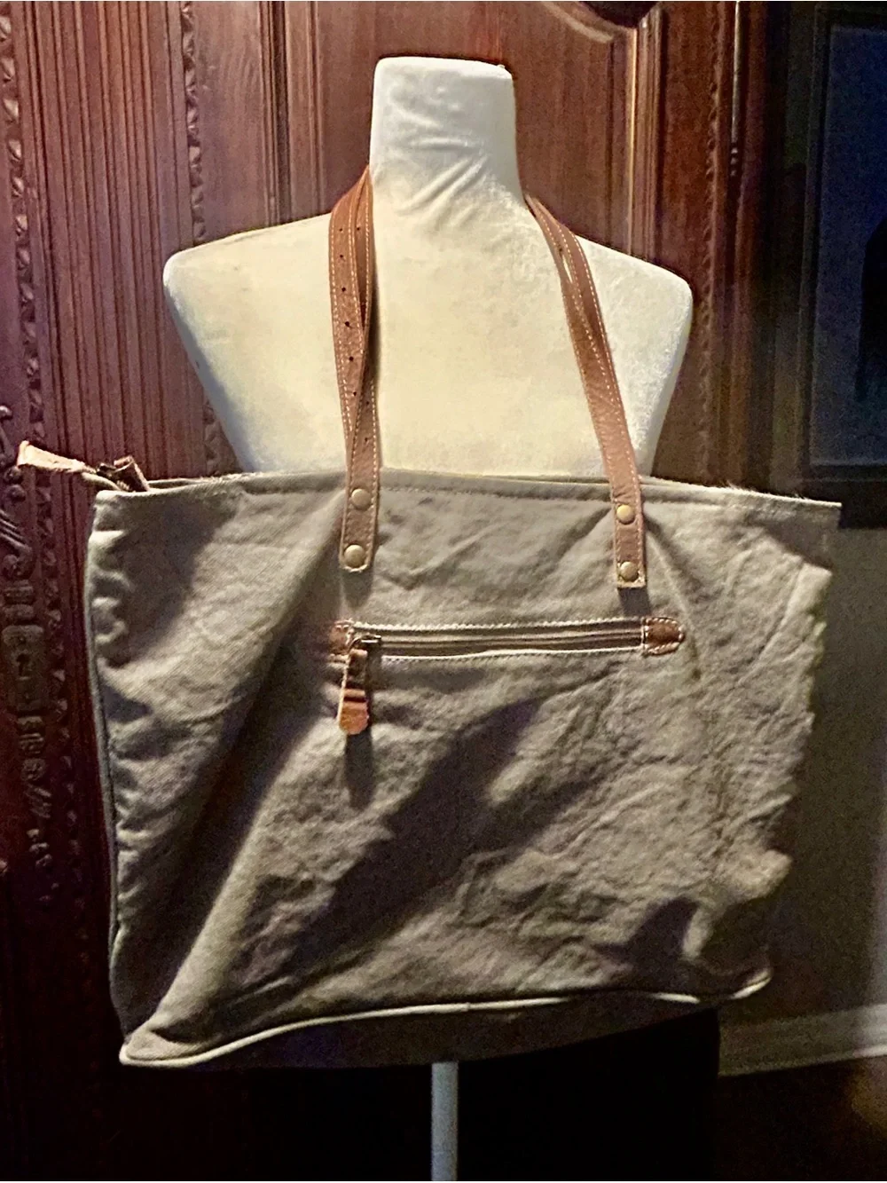 Myra Bag Gray and Brown Patterned Tote with Leather Straps